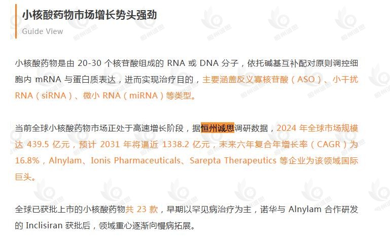 12月17日恒州诚思(YHresearch)发布的小核酸药物市场报告被微信公众号:盖德视界 引用