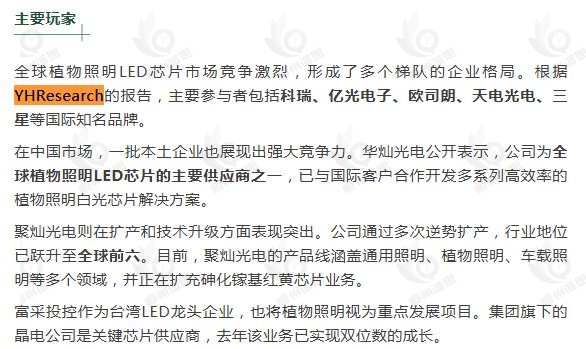 12月29日恒州诚思（YHresearch）发布的植物照明LED芯片市场报告被微信公众号：农业照明网 引用